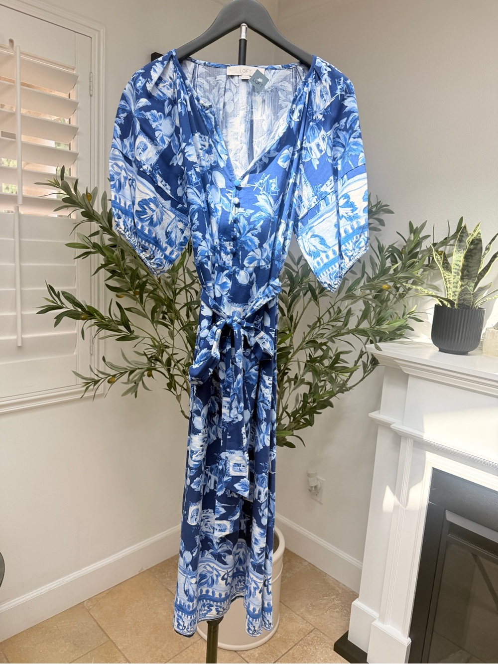 NWT LOFT Blue & White Floral Wrap Maxi Dress